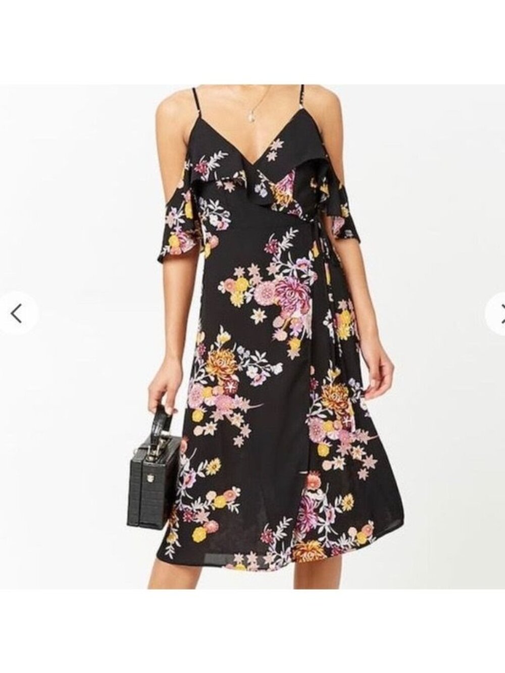 Forever 21 Black Pink Floral Wrap Midi Dress Large